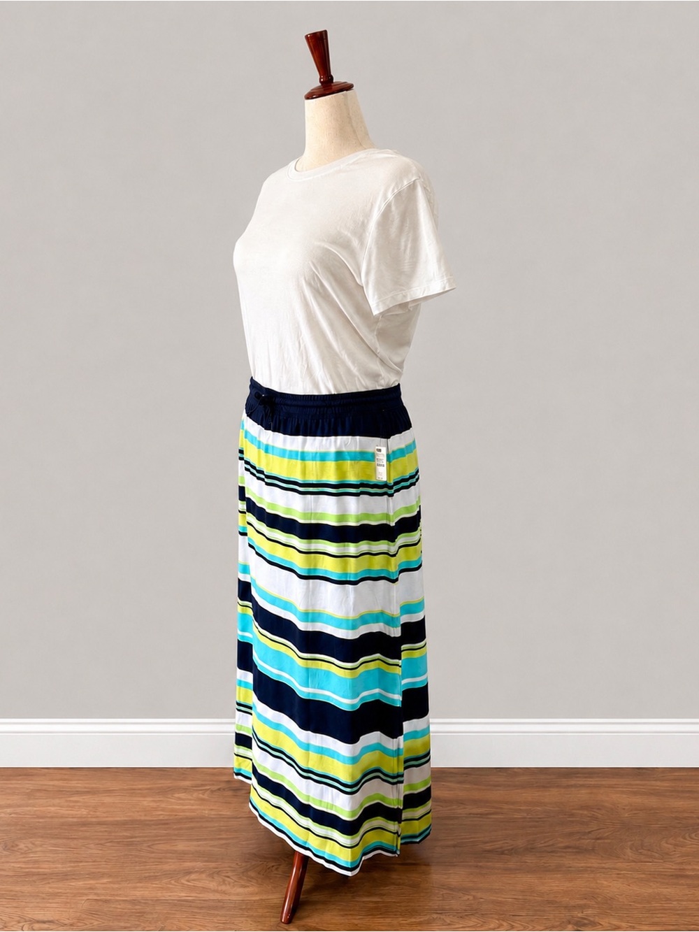 Talbots XL Striped Maxi Skirt Navy Aqua Lime Pull-On Stretch Drawstring NWT